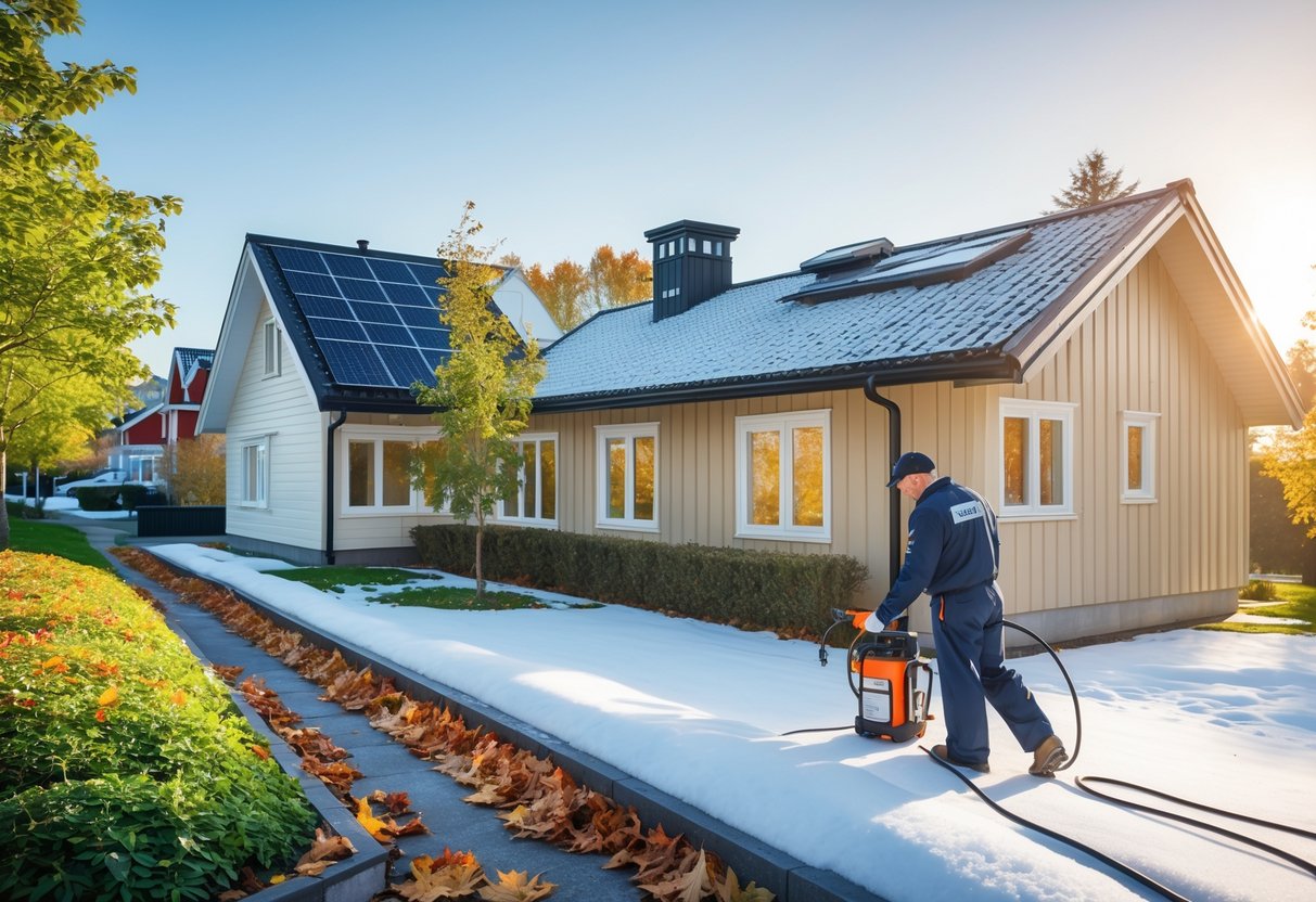 En skadedyrkontrolltekniker inspiserer utsiden av et moderne norsk hus med tegn til alle årstider rundt, inkludert grønn vegetasjon, høstløv og snø.